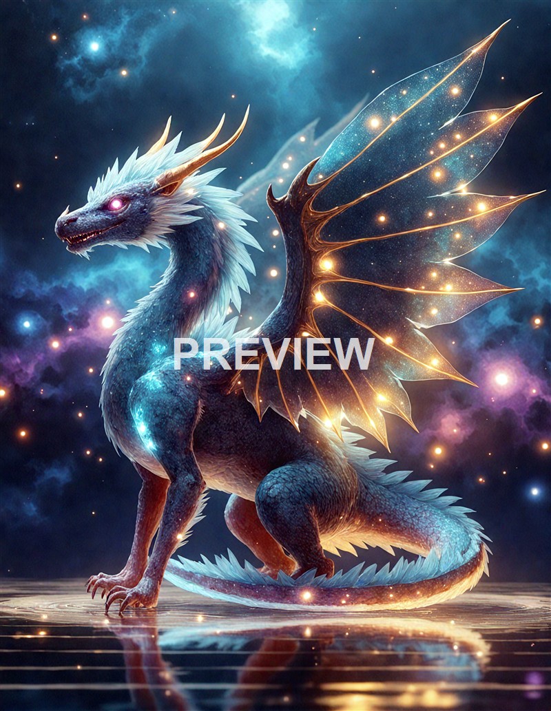 A fantastical, luminous dragon with glowing eyes, intricate wings resembling starry skies, and a shimmering body, set against a cosmic background filled with clouds and stars.